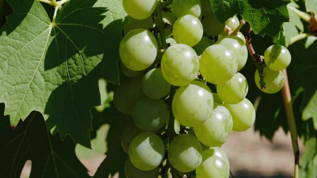 White Grapes Close-up God Rays Golden Hour Sunlight Vine Ripe Winemaking Vineyard. White wine