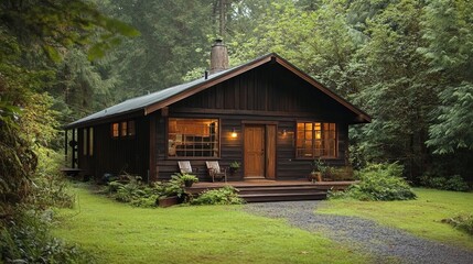 Peaceful retreat with a wooden cabin surrounded by nature.