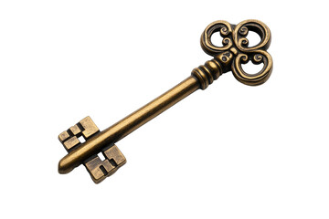 Antique Brass Key with Ornate Design on Black, cut out transparent