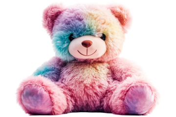 Soft Plush Rainbow Teddy Bear Sitting Comfortably, cut out transparent