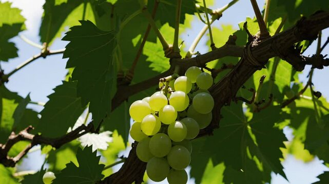 White Grapes Close-up God Rays Golden Hour Sunlight Vine Ripe Winemaking Vineyard. White wine