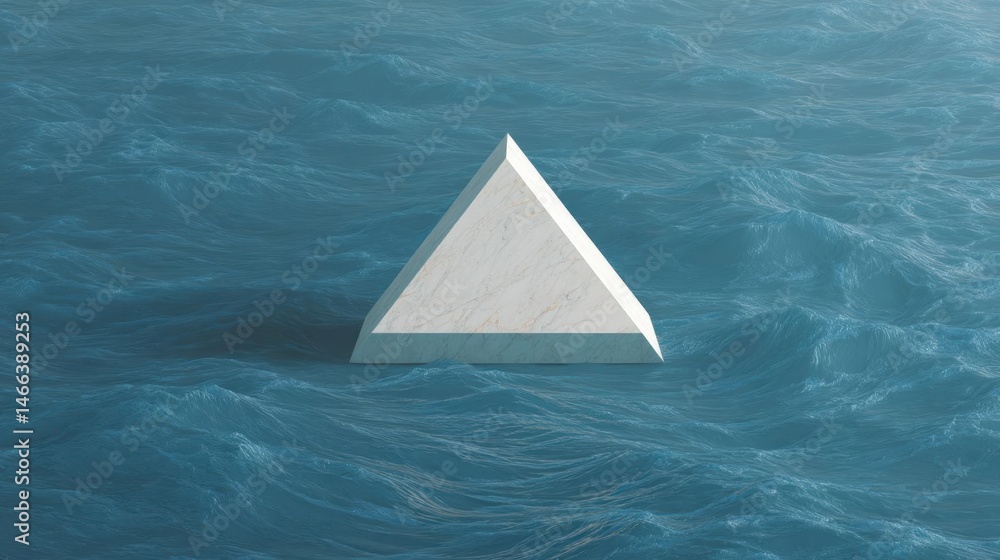 Poster white triangle floating in the middle of a body of water. the triangle appears to be made of a smoot
