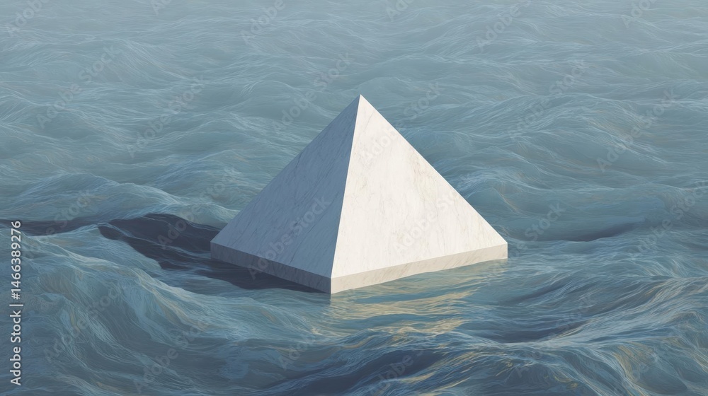 Poster Large white pyramid floating in the middle of a body of water. the pyramid appears to be made of a smooth, glossy material and is positioned in the center of the image.