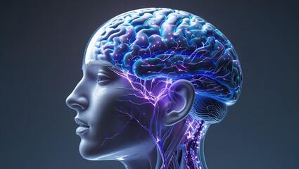 Obraz premium imagined human head featuring a detailed brain with visible neurons, showcasing a futuristic and conceptual representation of the mind and its intricate neural network, blending science fiction