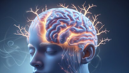 Obraz premium imagined human head featuring a detailed brain with visible neurons, showcasing a futuristic and conceptual representation of the mind and its intricate neural network, blending science fiction