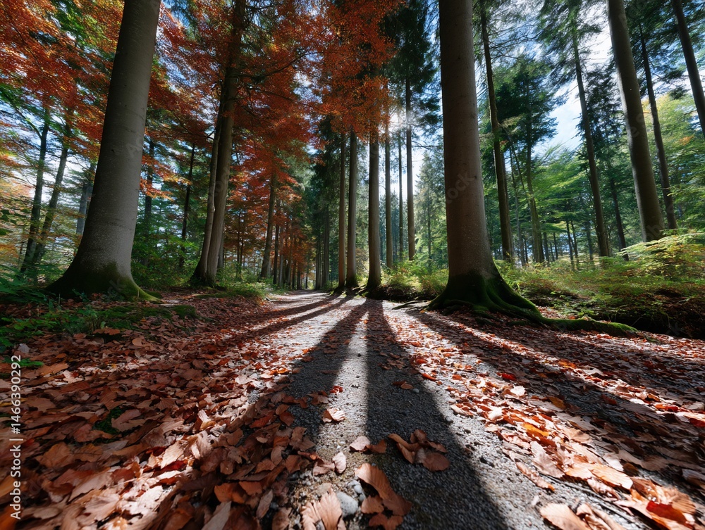 Aufkleber autumnal forest path with sunlight filtering through trees