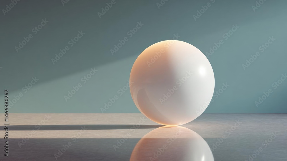 Poster single white sphere on a grey surface. the sphere is spherical in shape and appears to be made of a 