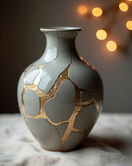 Handcrafted Gray Ceramic Vase with Gold Foil Cracks on Textured Fabric – Elegant Decorative Still Life