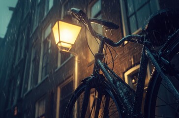 A bicycle parked under a streetlamp in the rain, with water droplets on the handlebars and frame