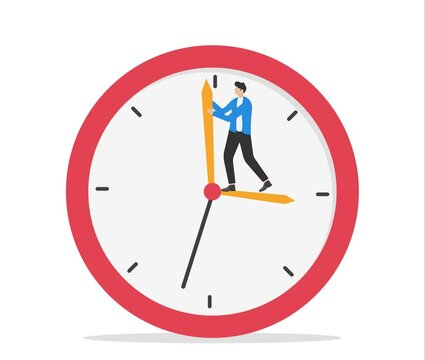 Turn back time to change or fix mistakes, inevitable failure or urgency close to deadline concept, businessman standing on clock hour hand manage to push back minute hand to turn back time.

