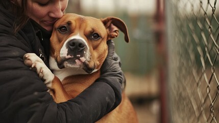 Shelter worker comforting aggressive dog with calm energy.