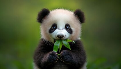 Naklejka premium Cute baby panda eating bamboo