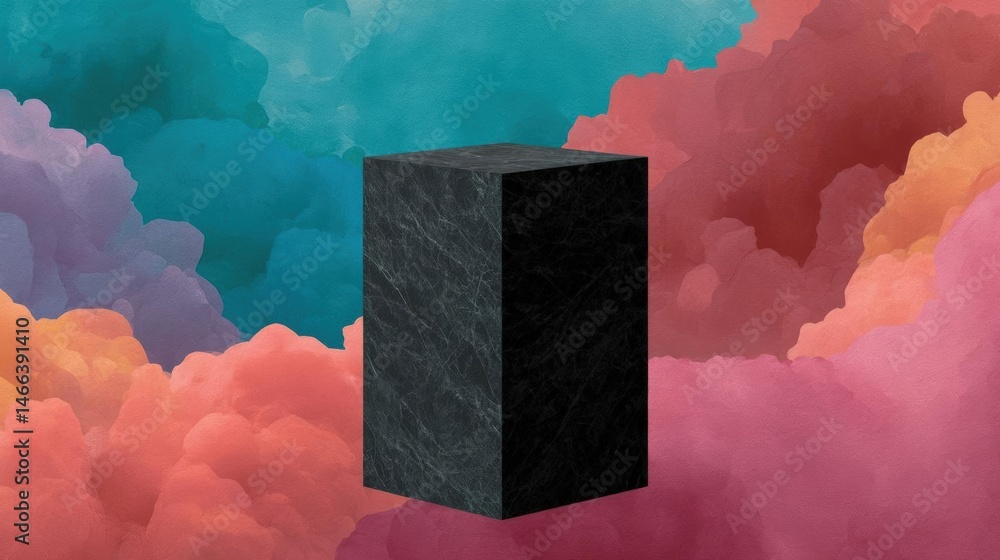 Poster abstract digital illustration of a black cube in the center. the cube is standing upright and appear