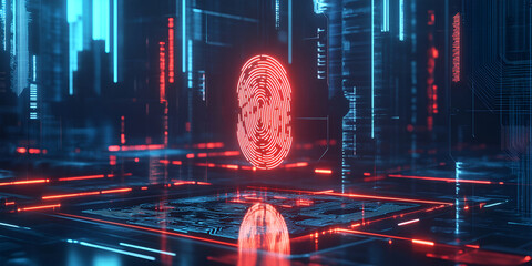 3D fingerprint scanning in virtual world, biometric identification with holographic fingerprint, digital fingerprint authentication concept