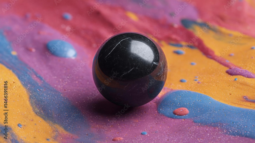 Poster close-up of a black sphere on a colorful surface. the sphere appears to be made of a shiny, shiny ma