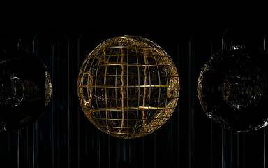 Golden Wireframe Sphere on Black Background – Ideal for Futuristic Tech Websites, NFT Artwork Displays, or Sci-Fi Branding Projects