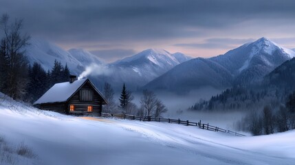 Fototapeta premium a snowy mountain scene with a cabin in the middle