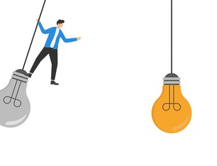 Business transformation, change management or transition to a better innovative company, improvement and adaptation to new normal concepts, smart businessmen jump from old to new shiny lightbulb ideas