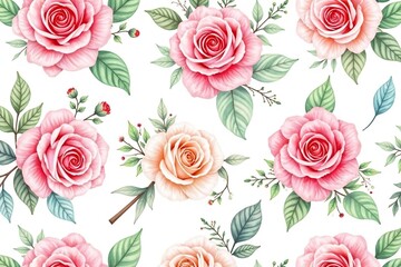 Delicate watercolor roses & leaves, repeating pattern, red, floral seamless pattern, pretty