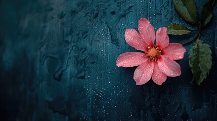 Pink flower with water droplets on dark textured surface.