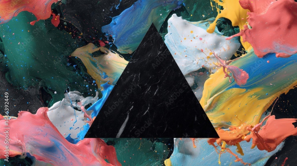Poster abstract digital art piece with a black triangle in the center. the triangle is made up of multiple 