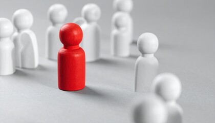 Red figure in crowd of white pegs symbolizing social distance and pandemic awareness minimalist design