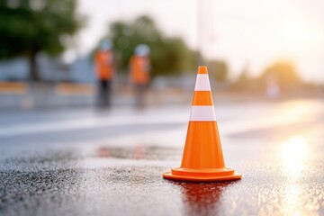 Traffic Control Cone in Construction Zone with Blurred Crew in Safety Gear, Symbol of Site Management and Risk Prevention, Selective Focus..