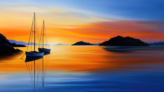 a painting of two boats floating in the ocean at sunset