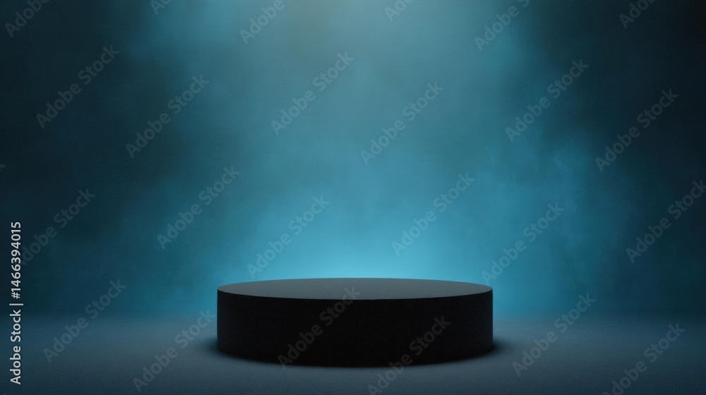 Poster round black platform or podium in the center of a dark blue background. the platform appears to be e