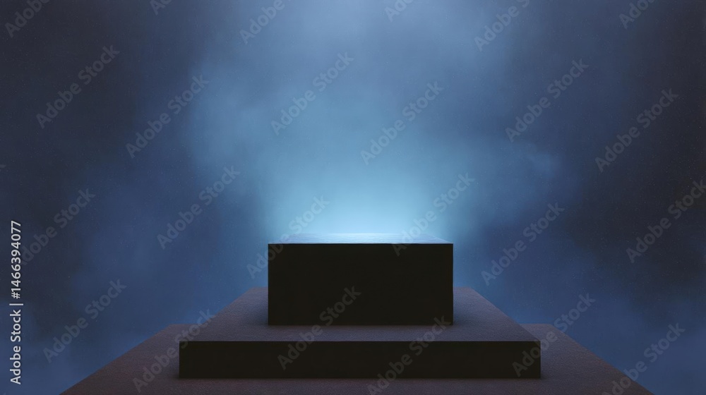 Poster black square-shaped object on a platform with a dark blue background. the object appears to be a pod