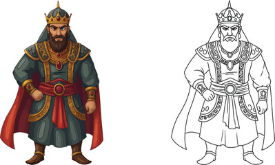 Majestic Monarch: Illustration of a regal king with a commanding presence, adorned in royal attire, conveying power and authority.