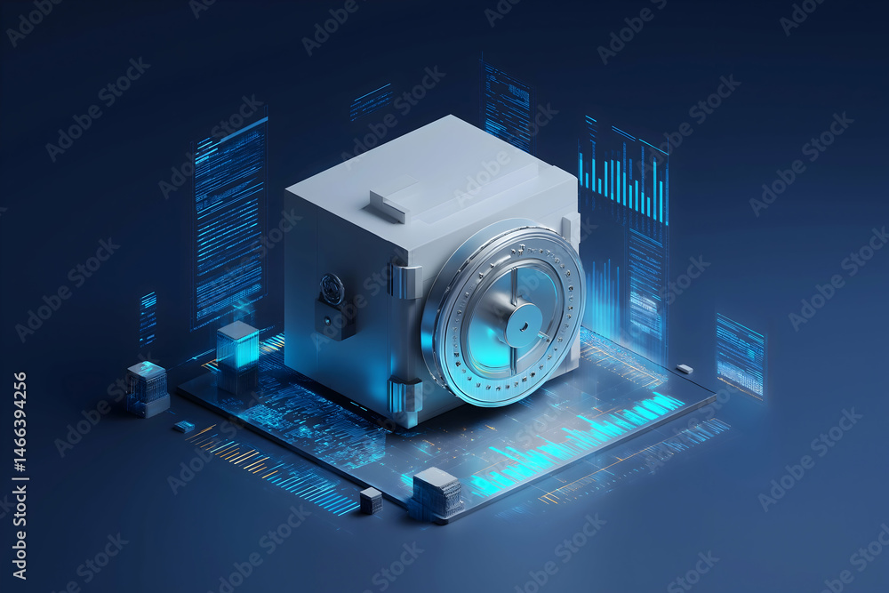Aufkleber a secure digital vault surrounded by holographic financial data and charts, symbolizing cybersecurit