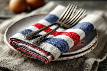 Dining Delight: A close-up shot of a plate with fork, set in an inviting scene with linen elements, creating a sense of warmth and readiness for a meal.