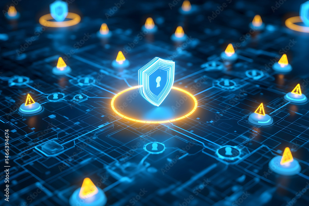 Poster a digital shield icon surrounded by warning signs on a circuit-like network, representing cybersecur
