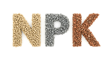 Fertilizer NPK Letters Displaying Light Brown Silver and Brown Isolated on White Backdrop