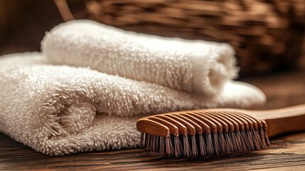 Wooden comb and coconut oil for haircare, surrounded by soft towels.