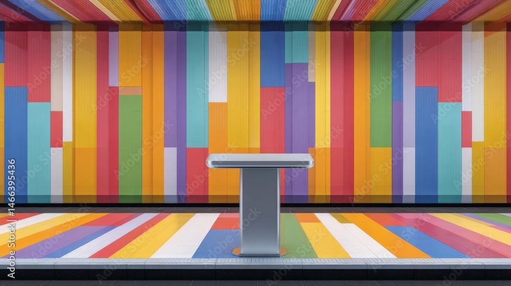 Poster empty room with a colorful striped wall in the background. the wall is made up of multiple vertical 