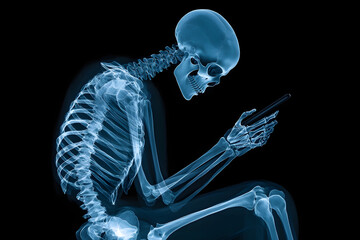 X-ray of human skeleton hunched over using smartphone, digital addiction and posture damage concept, modern lifestyle health issue, spinal stress, technology overuse and back pain

