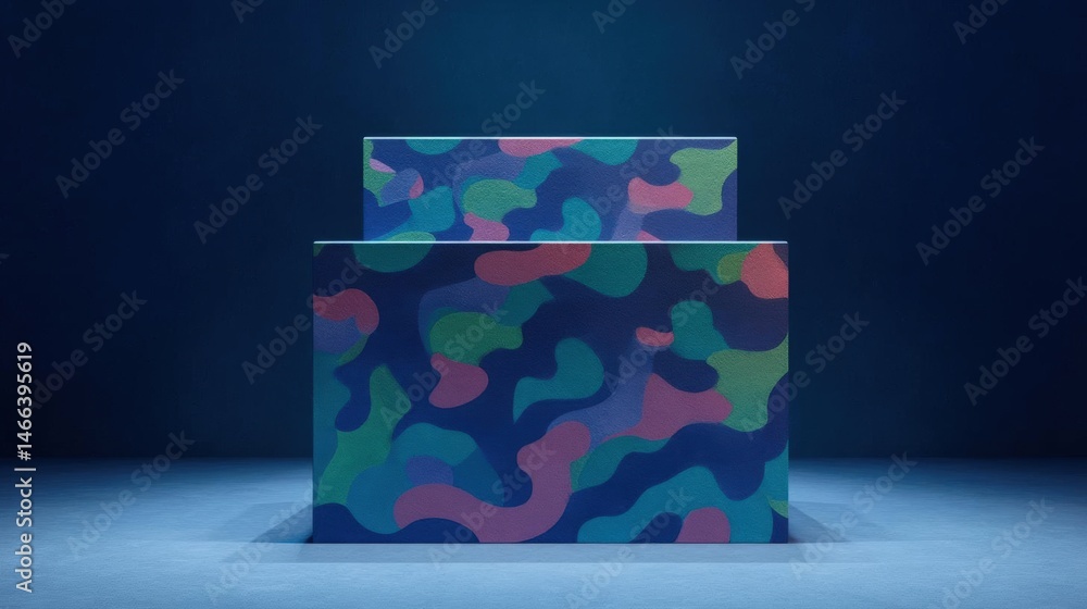 Poster two rectangular boxes stacked on top of each other in a dark blue room. the boxes are covered in a c