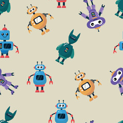 Obraz premium Seamless pattern with cartoon robots. Design for fabric, textile, wallpaper, packaging 