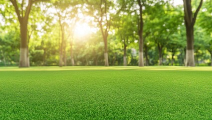 Fototapeta premium Lush green lawn in a park setting. Sunlight filters through trees