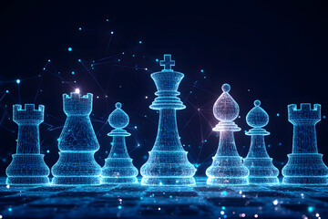 Futuristic holographic chess pieces on digital board glowing in blue light, strategy game concept with data network, innovation, AI intelligence, decision making and virtual gameplay

