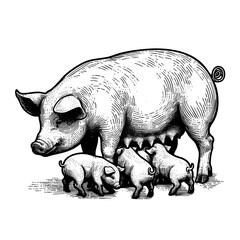 Vintage black and white ink illustration of a mother pig with her piglets, isolated on white background, rustic countryside farm style, detailed engraving sketch.