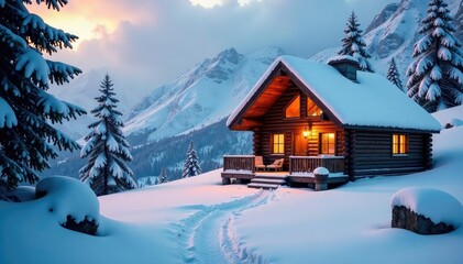 A cozy cabin nestled in a snowy landscape, perfect for a relaxing holiday getaway , relaxation, fire