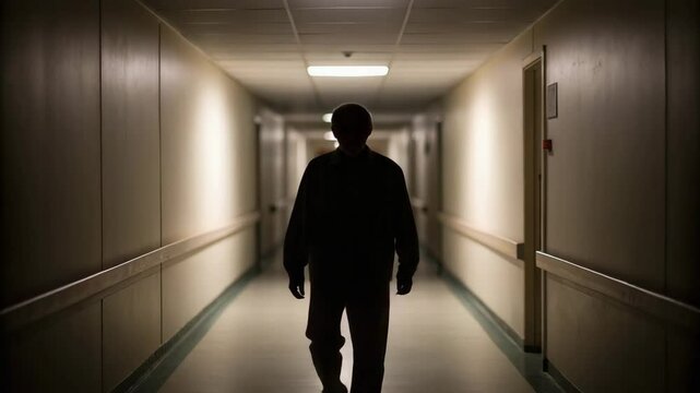 Alzheimer and Neurology Concept,Senior Walking in Dim Hallway Journey of Solitude and Reflection in Motion
