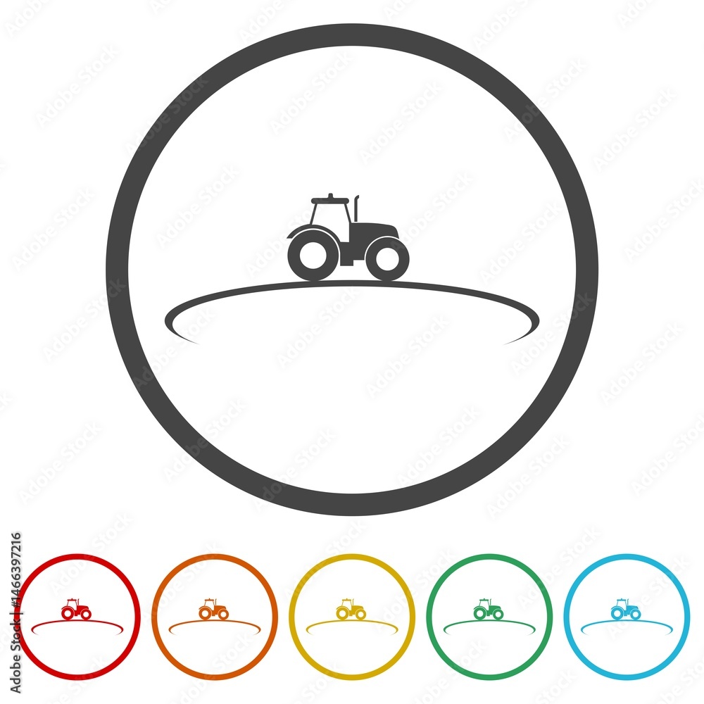 Poster agriculture and farming with a tractor icon. set icons in color circle buttons