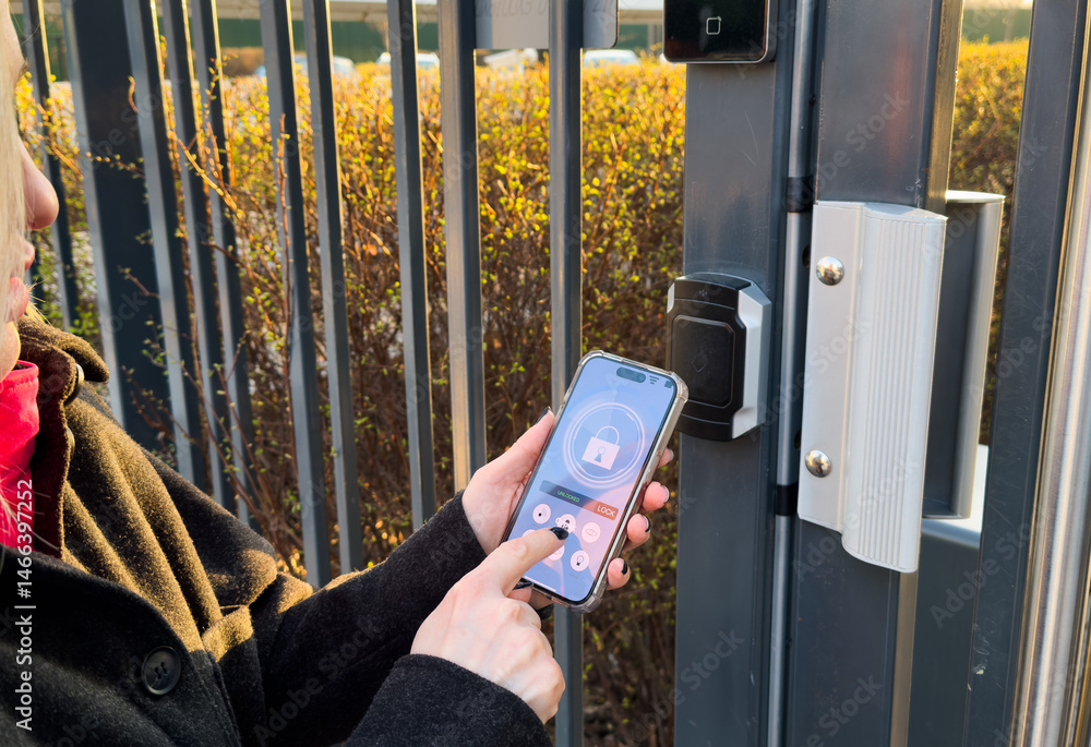 Aufkleber woman locking smartlock on the entrance door using a smart phone. concept of using smart electronic 