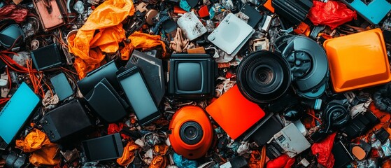 Electronics waste. Cellphones, cameras, screens, and other tech items in heap