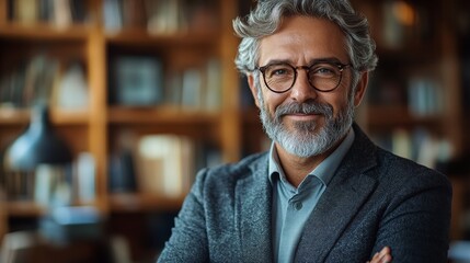 Confident Mature Business Executive Standing Smiling in Office Environment with Clean Lines and Professional Attire