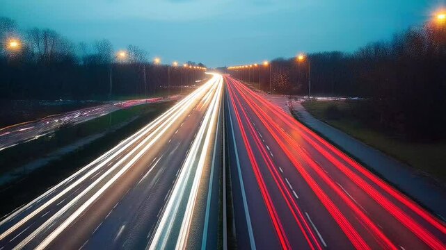 Highway traffic light trails moving fast at night with glowing streetlamps. seamless looping time-lapse 4K video background. Transportation concept